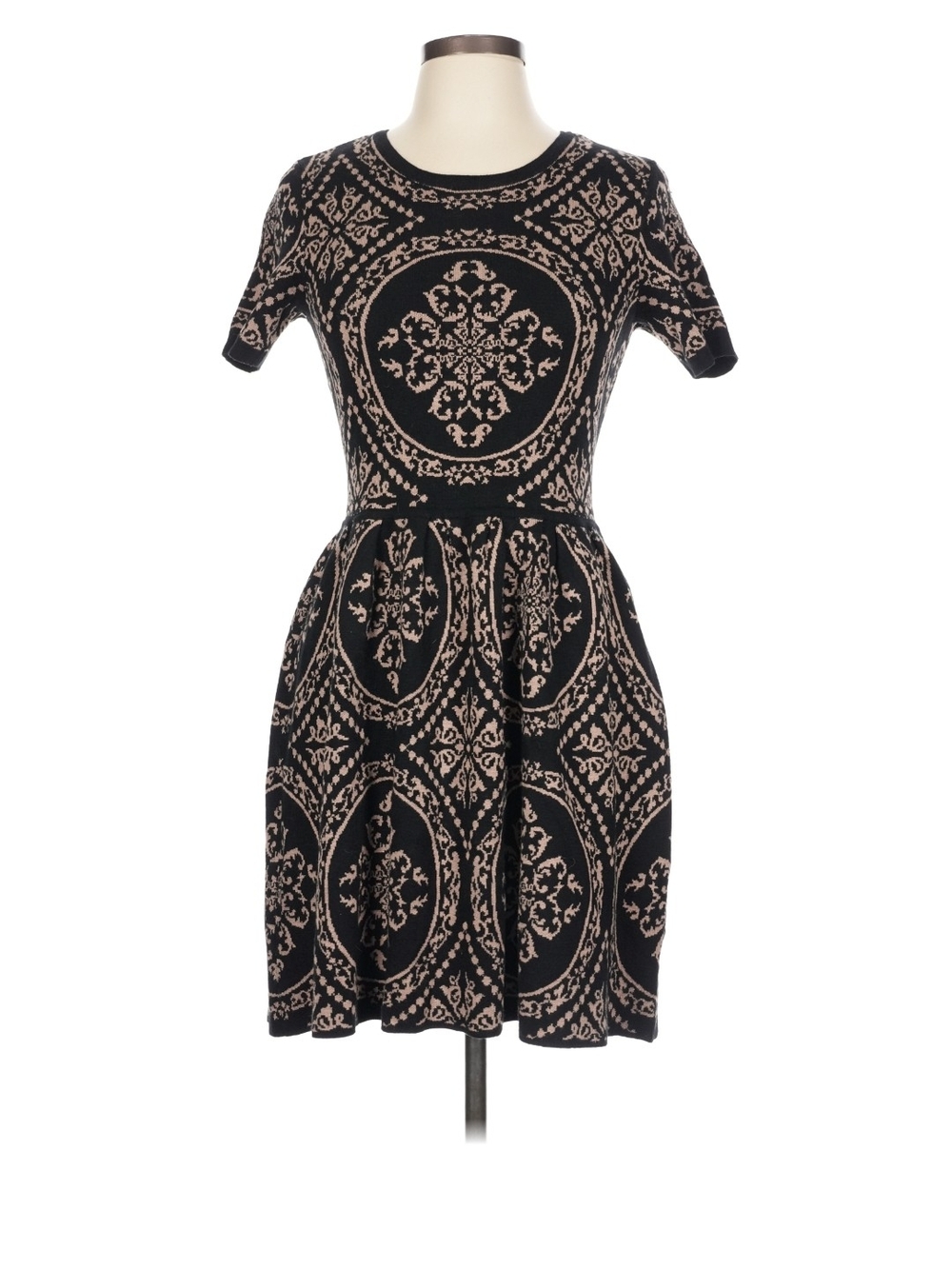 Short Sleeve Black & Beige Knit Patterned Fit-and-Flare Dress